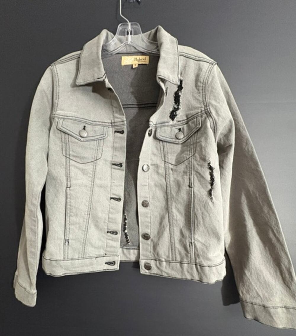 Hybrid & Company Women’s S Gray Distressed Denim Jacket Stretch Grunge Y2K